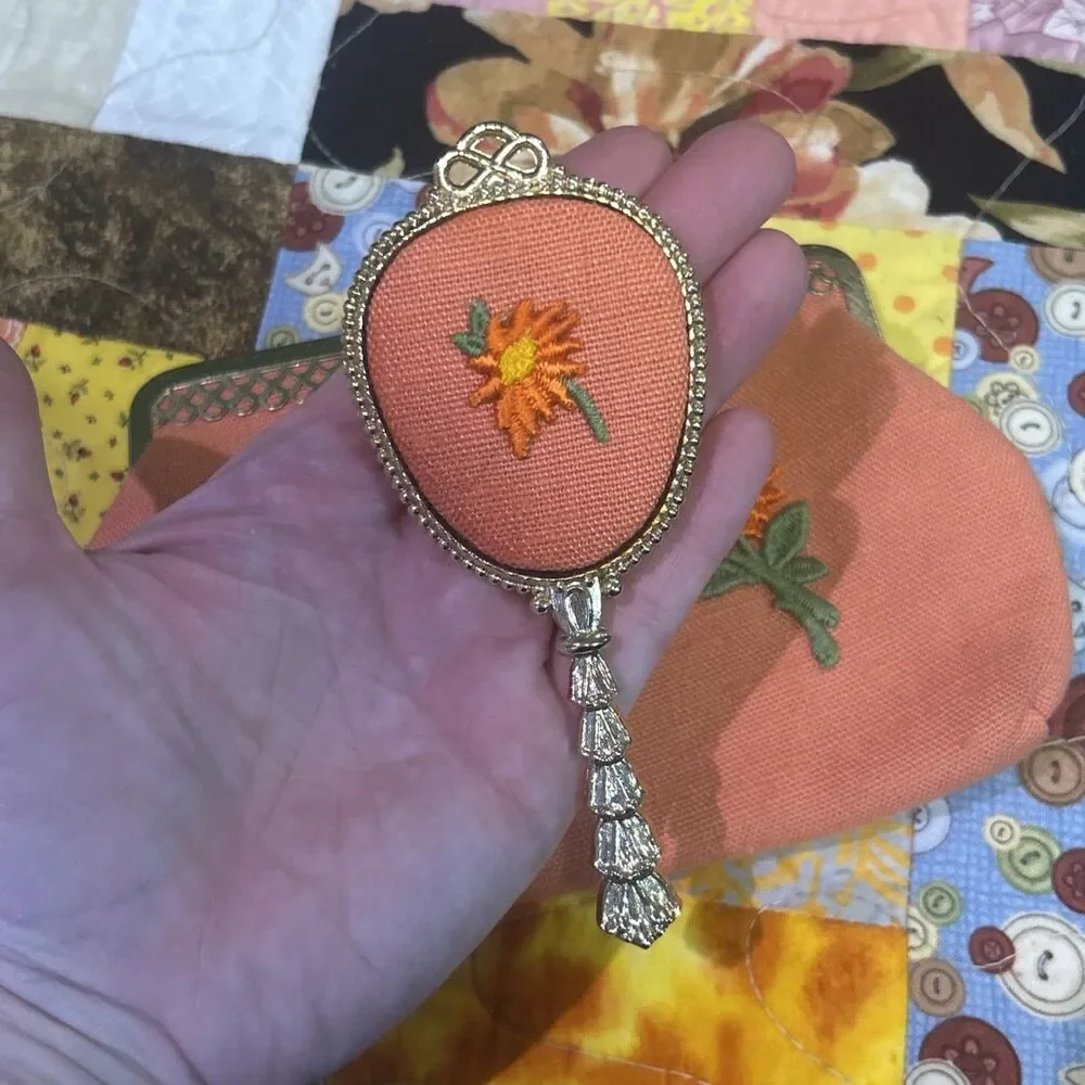 Vintage Embroidered Purse & Mirror Cottage, Artsy Feminine 60s Floral